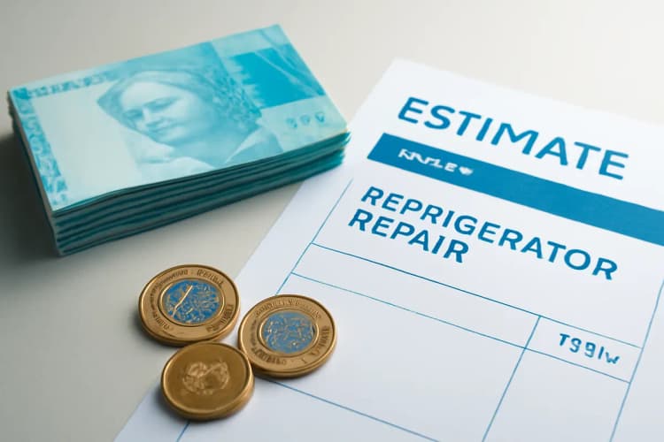 Uma pilha de notas de dinheiro e moedas ao lado de um orçamento de conserto de geladeira.