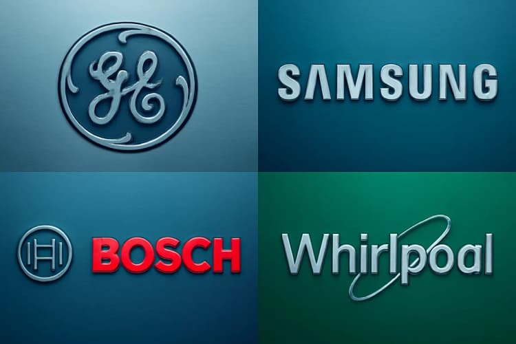 Um close-up de diferentes logotipos de marcas de eletrodomésticos em relevo em metal.
