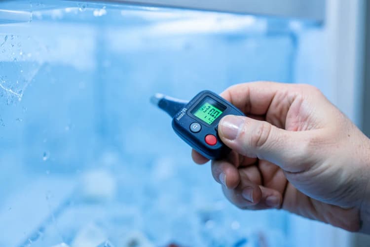 Um técnico de eletrodomésticos medindo a temperatura interna de uma geladeira com um termômetro.