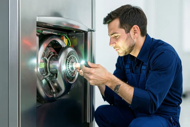 Um técnico de eletrodomésticos com uniforme azul, ajoelhado em frente a uma geladeira, examinando o motor com uma lanterna.