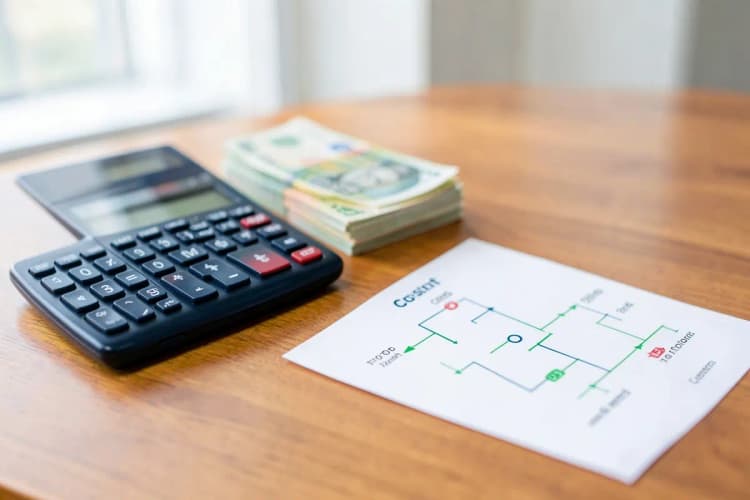 Uma calculadora ao lado de algumas notas de dinheiro e um pequeno diagrama de fluxo de custos.