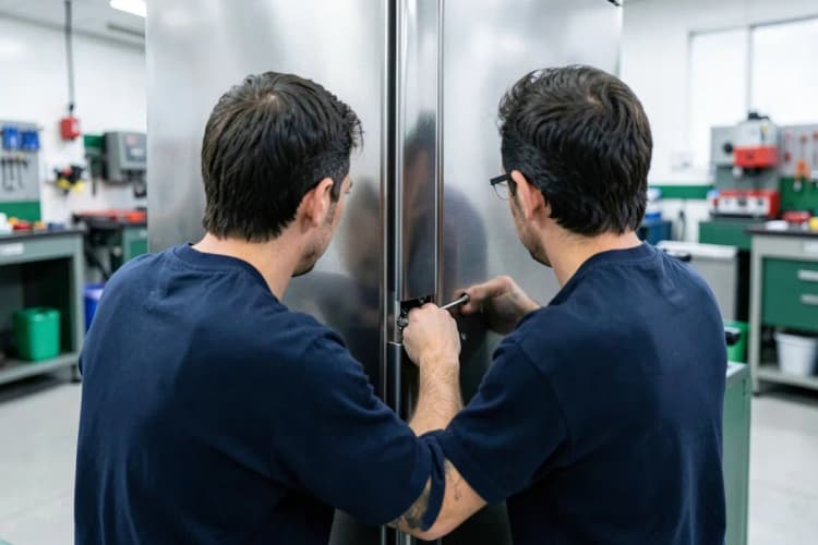 Um técnico de geladeira, visto de costas, trabalhando na parte inferior de uma geladeira com ferramentas.