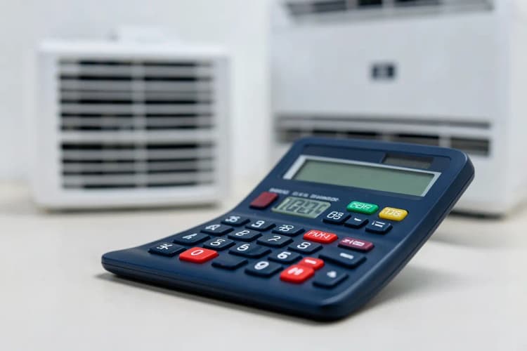 Uma calculadora mostrando o custo de instalação de um ar-condicionado ao lado de um aparelho.