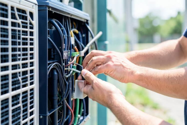 Um técnico de ar-condicionado realizando manutenção em uma unidade externa.