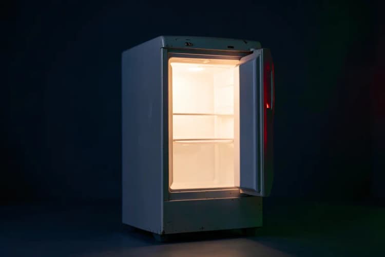 Uma geladeira antiga com a porta entreaberta e luz fraca saindo de dentro.